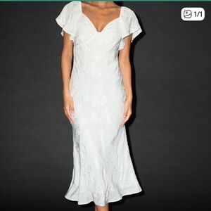 Lulus Effervescent Afternoon White Satin Flutter Sleeve Midi Dress Small